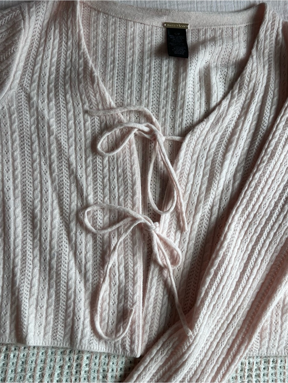 100% Cashmere Light Pink Lace-Up Cable Knit Sweater